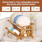 NOVAYEAH Acacia Wooden Dish Drying Rack for Kitchen Counter 2-Tier Collapsible Bmaboo Dish Drying Rack with Utensil Holder-Large Folding Dish Drainer Rack with Flatware Holder 34 pcs Grid
