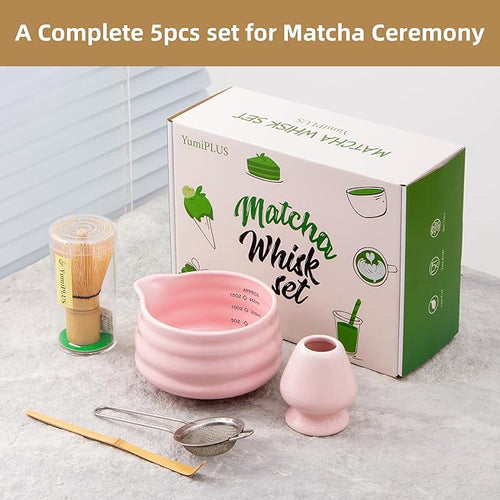 5pcs Premium Matcha Set,Ceramic Bowl with Spout and Bamboo Whisk set, Ceremonical Matcha Kit for breakfast/latte,Tea Starter Making Kit,Unique Matcha Gift set (pink)
