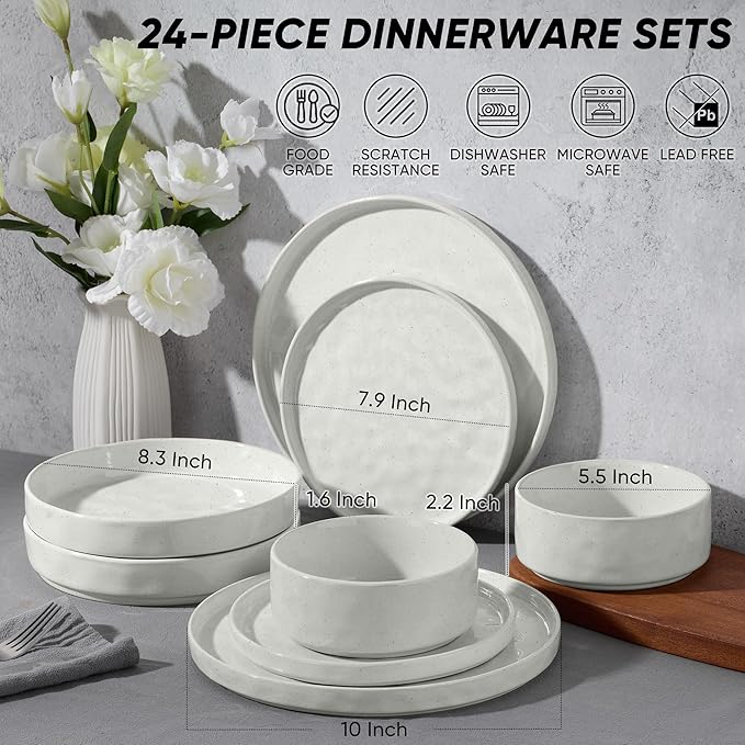 E-far 24-Piece Plates and Bowls Sets with Pasta Bowls - Stoneware Dinnerware Set for 6, Modern Ribbed Speckled White Dishes, Microwave & Dishwasher Safe