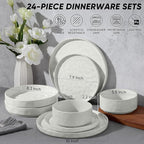 E-far 24-Piece Plates and Bowls Sets with Pasta Bowls - Stoneware Dinnerware Set for 6, Modern Ribbed Speckled White Dishes, Microwave & Dishwasher Safe