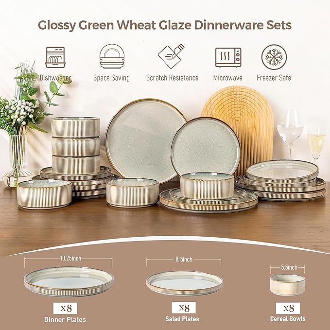 GBHOME 24-Piece Stoneware Dinnerware Set for 8 – Ribbed Ceramic Plates and Bowls, Scratch-Resistant, Microwave & Dishwasher Safe, Reactive Glaze, Celadon Mist
