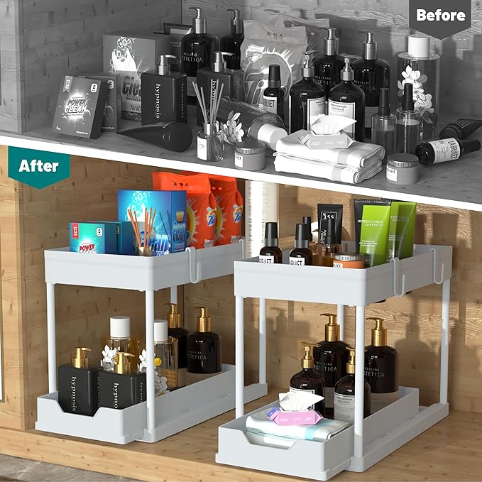 Under Sink Organizer -2 PACK|Pull Out Bathroom Organizer|2 Tier Slide Out Bathroom/Kitchen Organiers and Storage. (2 PACK White)