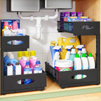 Under Sink Organizer, 1-Pack Pull Out Cabinet Organizer 2 Tier Metal Slide Out Storage Shelf Rack, L-Shaped Adjustable Height,Mesh Sliding Drawer for Kitchen, Bathroom, Laundry, Pantry, Black, XL