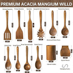 12 PCS Acacia Wooden Spoons for Cooking - Heat-Resistant, Comfort Grip,Easy to Clean, Non-stick Friendly - Kitchen Utensil Set with Holder, Spoon Rest & 6 Hooks, Ideal for Gifting