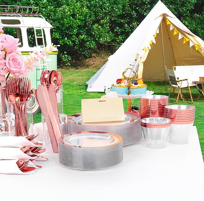 Liacere 350PCS Rose Gold Plastic Plates - Clear with Rose Gold Rim for 50Guests Dinnerware - Include 100 Plates disposable 150 PCS Silverware 50 Napkins for Party & Mothers Day & Graduation