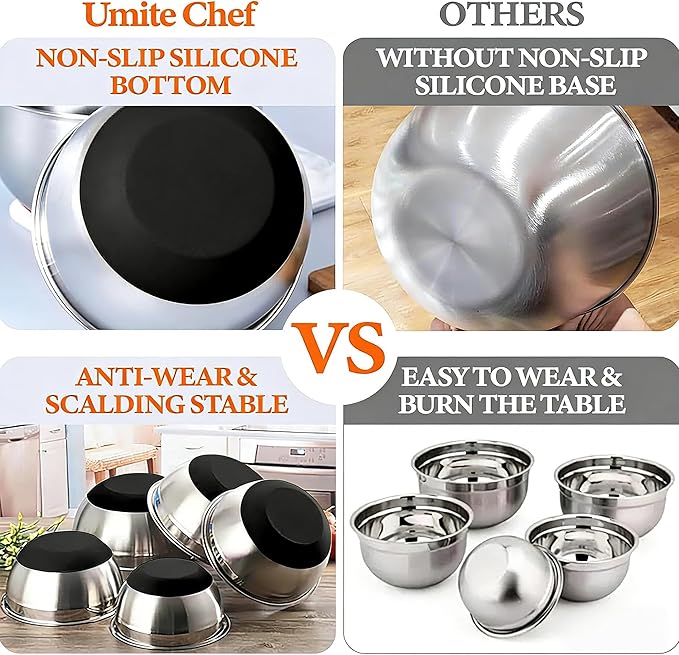 Thickened Stainless Steel Mixing Bowls with Airtight Lids, Umite Chef 26Pcs Stainless Steel Bowls Set, 3 Grater Attachments & Black Non-Slip Bottoms Size 7, 4, 2.5, 2.0,1.5, 1QT for Mixing & Serving