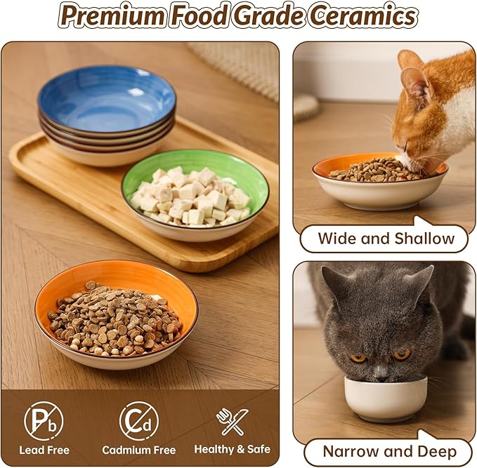 Colorful Ceramic Cat Bowls Set - Wide and Shallow Dishes for Food and Water - 6-Pack Cat Feeding Bowl Whisker-Friendly - Microwave and Dishwasher Safe - 5.7" x 1.3" - 5 oz