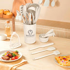 Large Silicone Kitchen Utensils Set with Holder, 25Pcs Cooking Utensil Set with Wooden Handle, Heat Resistant Spatula Sets for Cooking, BPA Free Silicone Utensils Set for Non-Stick Cookware(White)
