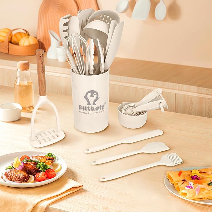 Large Silicone Kitchen Utensils Set with Holder, 25Pcs Cooking Utensil Set with Wooden Handle, Heat Resistant Spatula Sets for Cooking, BPA Free Silicone Utensils Set for Non-Stick Cookware(White)
