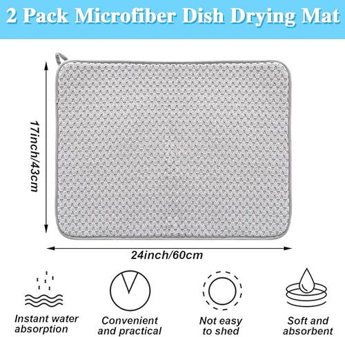2 Pack Microfiber Dish Drying Mat,24*17 inch Absorbent Dish Drainer Kitchen Counter,Large Size Dish Drying Pad for Countertops,Sinks,Draining Racks(Gray)
