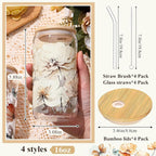 Mumufy 4 Pack Gift for Women Chinoiserie Flower Glass Cup Tumbler Flower Iced Coffee Mugs 16 oz Glass with Bamboo Lid & Straw, Mothers Day Birthday Gift for Mom Sister Bridesmaid Baby Shower