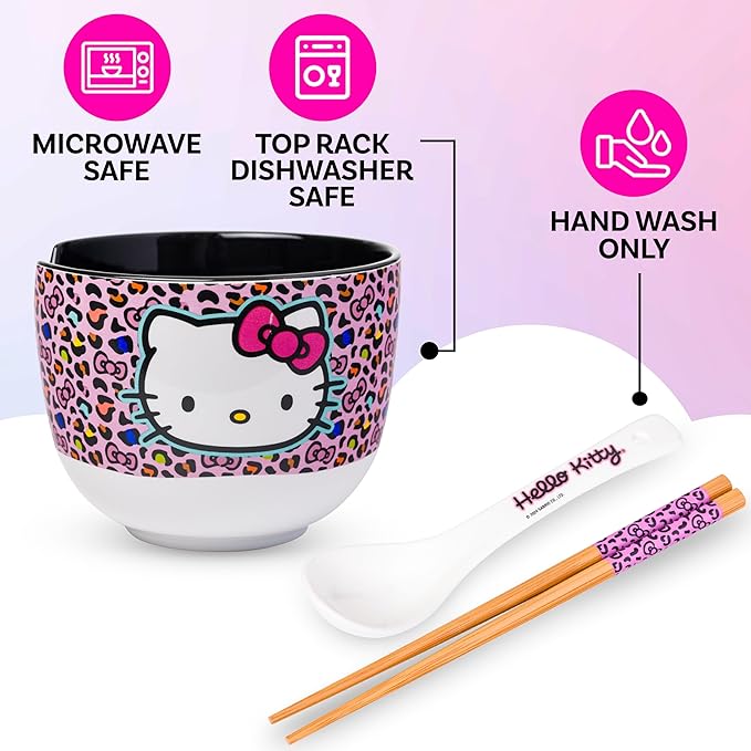 Silver Buffalo Sanrio Hello Kitty Pink Leopard Print Ceramic Ramen Noodle Rice Bowl with Chopsticks and Spoon, Microwave Safe, 20 Ounces
