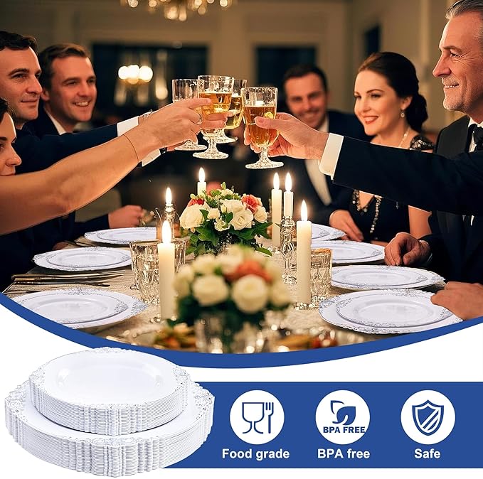Hioasis 300pcs White and Silver Plastic Plates - Disposable Dinnerware Set Suitable for 50 Guests Include 10.25" Dinner & 7.5" Dessert Plates,Silverware Set, Cups for Weddingr(NO Napkins Included)