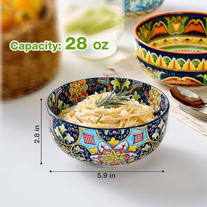 Meolibour Ceramic Cereal Bowls Set of 6, 28 oz Bohemian Soup Bowl, Colorful Bowls Set for Kitchen, Dessert Bowls for Salad, Pasta, Oatmeal, Ramen, Oatmeal, Fruit, Dishwasher & Microwave Safe