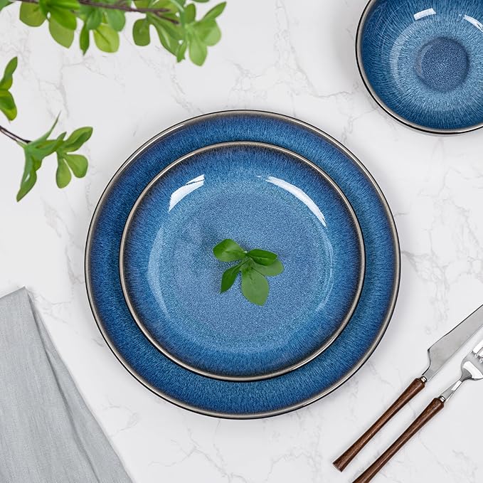 Plates and Bowls Sets for 4 - CJDC-QUELO 12-Piece Stoneware Dinnerware Sets, Ceramic Dishware Set for Kitchen Use and Formal Dining, Chip and Scratch Resistant Microwave Dishwasher Safe, Blue