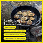 Lodge Seasoned Cast Iron Skillet - PFAS-Free, Non-Toxic Cookware - Use with an Oven, Stove, Grill, or Campfire - Naturally Non-Stick & Oven Safe - 13.25 Inches