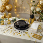DaYammi 350PCS Clear Black and Gold Plastic Dinnerware Set for Party, Hammered Disposable Plates for Party, Include: 50 Dinner Plates, 50 Dessert Plates 150 Gold Silverware 50 Napkins 50 Cups