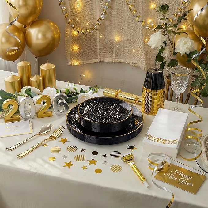 DaYammi 175PCS Clear Black and Gold Plastic Dinnerware Set for Party, Hammered Disposable Plates for Party, Include: 25 Dinner Plates, 25 Dessert Plates, 75 Gold Silverware 25 Napkins 25 Cups