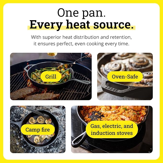 Lodge Seasoned Cast Iron Skillet - Frying Pan for the Stove, Grill or Campfire - Cooks Evenly - Features Easy-Grip Teardrop Handle - Non-Toxic, Nonstick & Long-Lasting - 15 Inches