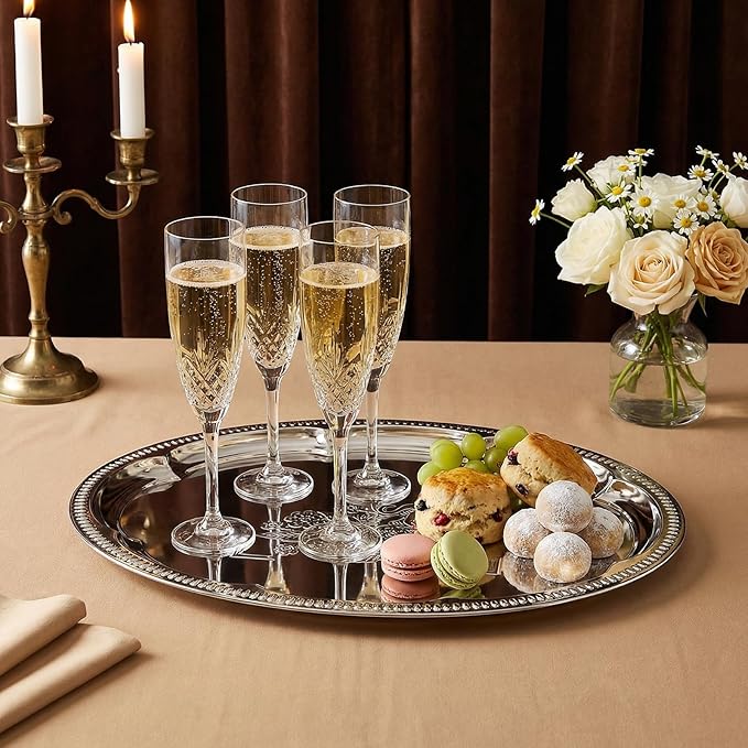 6 Pcs Large Silver Serving Trays, 15.7" x 11.8" Stainless Steel Oval Serving Tray, Decorative Silver Plates, Oval Floral Engraved Tray, Metal Sizzler Plates for Coffee Table, Bar, Party, Club, Home