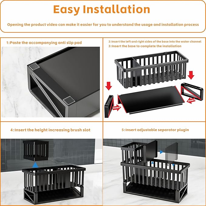 Yieach Rustproof Kitchen Sink Caddy Organizer,Plastic Scrubber,Dish Sponge Holder,Dish Soap Rack & Dispenser,Multifunctional Sponge Drain Rack,Dish Soap Caddy & Storage Organization Accessories,Black
