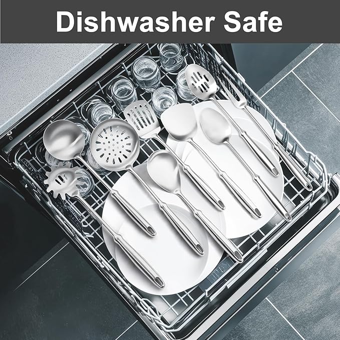 304 Stainless Steel Cooking Utensils Set, 9 PCS Metal Stainless Steel Kitchen Utensils Set, Serving Spoon, Spaghetti Spoon, Skimmer, Meat Fork etc (Dishwasher Safe)