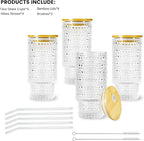 4 Pcs 16 oz Glasses Cups with Bamboo Lids Straws Brush Hobnail Glass Tumbler with Straw and Lid for Juice Iced Coffee Soda Cocktail Juice