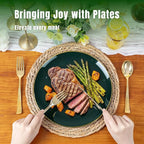 KIRE 175PCS Green Plastic Plates with Gold Rim - Heavy Duty Green Plates Disposable Include 50 Fancy Plastic Plate, 25Pre Rolled Napkins 25 Cups For Party/Wedding/Spring