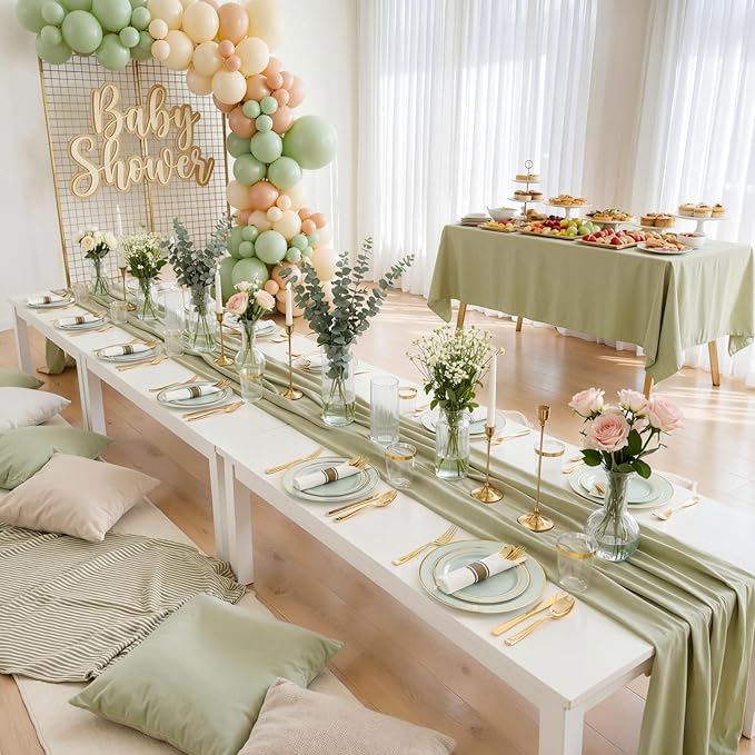 WDF Partyware 175PCS Sage Green Plastic Plates - Heavy Duty Green Plates Disposable - 25Guests Plastic Dinnerware with Rolled Napkins for Spring/Birthday/Baby Shower