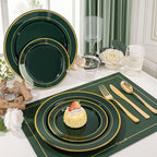 WDF Partyware 175PCS Green Plastic Plates - Green and Gold Disposable Plates 25Guests Plastic Plates with Rolled Napkins for Birthday/Party/Wedding