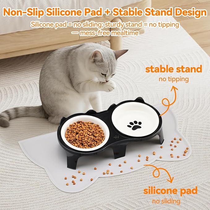 Ceramic Elevated Cat Bowls Kitty Bowls - 15° Tilt Anti-Vomiting, Silicone Mat Included, Whisker Friendly for Indoor Cats & Small Dogs (2-Pack) (Black)