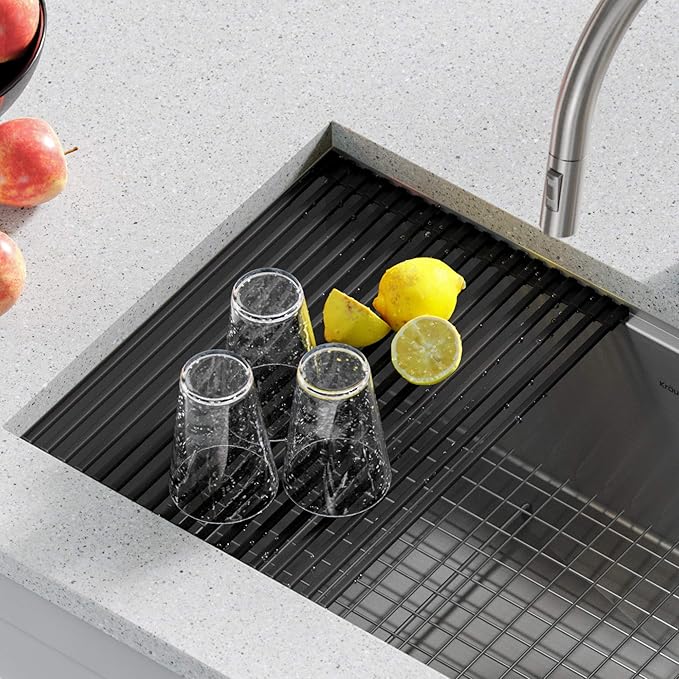 KRAUS Multipurpose Workstation Sink Roll-Up Dish Drying Rack, Colander and Trivet in Aqua, KRM-11AQ