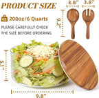 Glass Salad Bowl with Lid, 9.8" Large Glass Mixing Bowls with Acacia Wood Lids Set & Serving Utensils, 200oz Trifle and Serving Bowl for Salads, Fruit, Pasta, Dessert, Popcorn, Microwave Safe