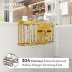 SWTYMIKI Sponge Holder for Kitchen Sink - Movable Sink Caddy with Smiley Face Sponge Holder, Rustproof Hanging Sponge Organizer in Double Bowl Sinks Depth>3.15in, Middle Divider<1.5in, Gold