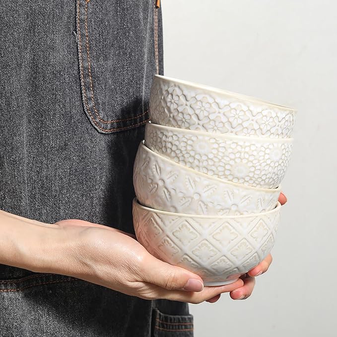 Soup Bowls 26 Oz - 6 inch Ceramic Cereal Bowls Set of 4, Kitchen Serving Dish, Embossed Bowl for Salad, Pho, Breakfast, Ramen, Rice, Dishwasher & Microwave Safe, Decorative Housewarming Gift