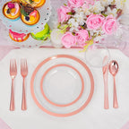 Liacere 350PCS Rose Gold Plastic Plates - Clear with Rose Gold Rim for 50Guests Dinnerware - Include 100 Plates disposable 150 PCS Silverware 50 Napkins for Party & Mothers Day & Graduation