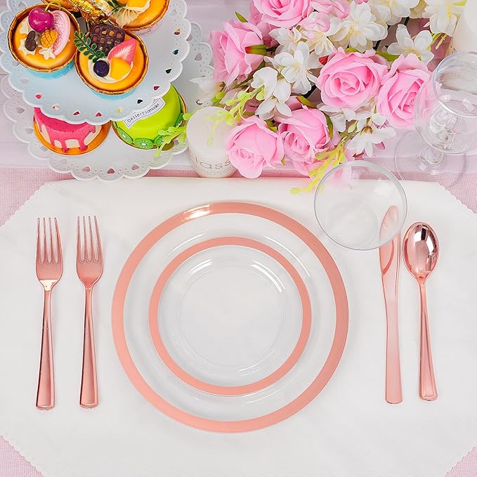 Liacere 350PCS Rose Gold Plastic Plates - Clear with Rose Gold Rim for 50Guests Dinnerware - Include 100 Plates disposable 150 PCS Silverware 50 Napkins for Party & Mothers Day & Graduation