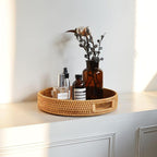 11.8" Round Rattan Tray, Hand Woven Serving Tray with Handles, Wicker Serving Basket, Decorative Tray for Home Decor, Natural