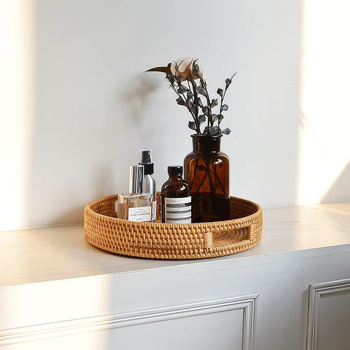 11.8" Round Rattan Tray, Hand Woven Serving Tray with Handles, Wicker Serving Basket, Decorative Tray for Home Decor, Natural