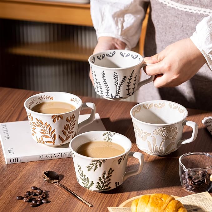 Ceramic Mugs 11 oz Unique Luxurious Cups Set of 4 with Premium Spoon, Mug for Coffee Milk Latte Cappuccino Tea, for Office Home Dishwasher Birthday Gift Microwave Freezer Safe Stoneware Mixed