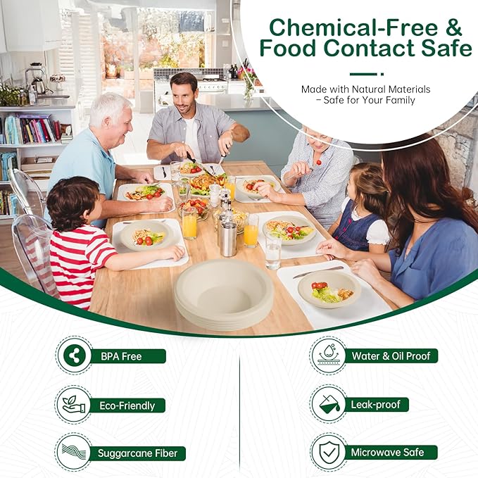 12 oz 128-Pack Compostable Soup Bowls, Disposable Paper Bowls for Soup, Cereal & Oatmeal, Heavy-Duty Bagasse Bowls, Microwave & Freezer Safe, Eco-Friendly (Natural)