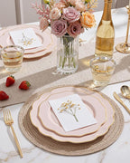 bUCLA 180PCS Pink Plastic Plates - Pink with Gold Rim Disposable for Party Include 30 Each (Dinner & Dessert) Plates, 30 Knives, 30 Forks, 30 Spoons, 30 Cups for Wedding, Birthday & Mother's Day