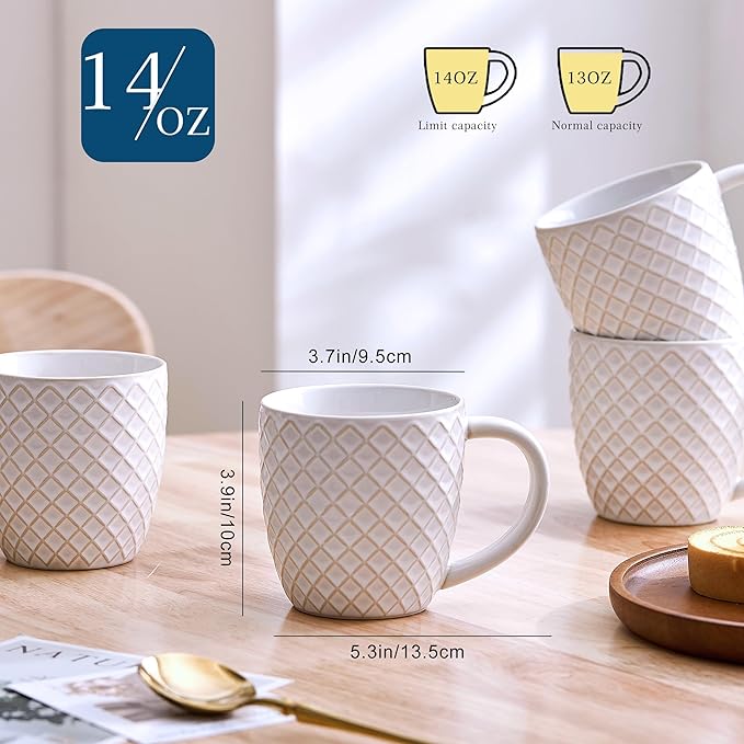 14 oz Grid Embossed Ceramic Coffee Mugs Set of 4 - White Ceramic Coffee Cups with Handle for Cappuccino Latte Tea - Dishwasher Microwave Safe Stoneware Mugs Set Housewarming Gift