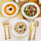 100PCS Gold Plastic Bowls - 12 oz White Disposable Salad Bowls - Heavy Duty Soup Serving Bowl - Fancy Plastic Ice Cream Bowl for Parties, Dinners, Catering, Picnics