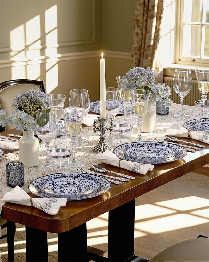 Hioasis 175PCS Blue Plastic Plates - Floral Disposable Dinnerware Set for 25 Guests, Include 50 Dinner & Dessert Plates, 75 Silver Cutlery, 25 Napkins, 25 Cups Perfect for Party (Traditional Style)