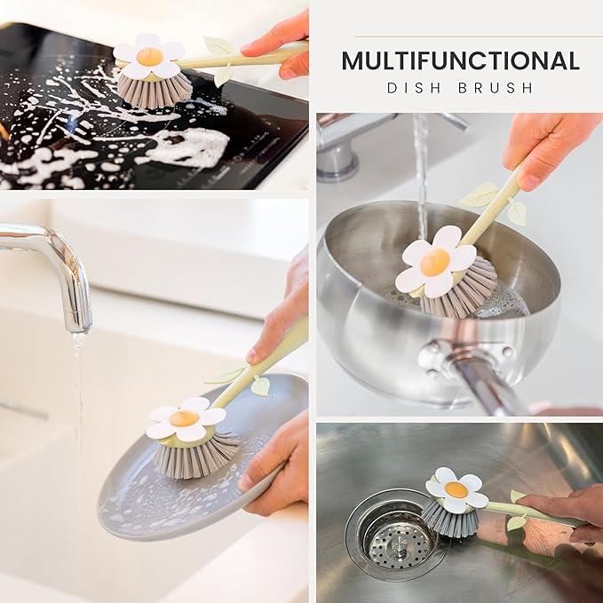 Vigar Florganic Daisy-Shaped Dish Brush with Vase Dish Brush Holder, Dish Brush with Handle, for Pot Scrubber, Kitchen Dishes, and Sink Cleaning, Orange