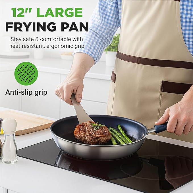 NutriChef f 12" Large Fry Pan - Large Skillet Nonstick Frying Pan with Silicone Handle, Ceramic Coating, Blue Silicone Handle, Stain-Resistant, And Easy To Clean, Professional Home Cookware