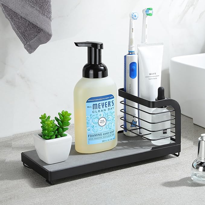 Wipe-Free Sink Organizer with Drying Stone, Instant Dry Sink Caddy Organizers, Kitchen Sponge Soap Holder Dispenser, Countertop Fast Drying Counter Tray Rack