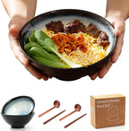 8 Inch Ceramic Ramen Bowl Set of 2, 40oz Japanese Bowls with Spoons & Chopsticks,Durable,Microwave & Dishwasher Safe,Perfect for Ramen,Pho,Salad,Soup,Noodles，Mixing bowls（Midnight）