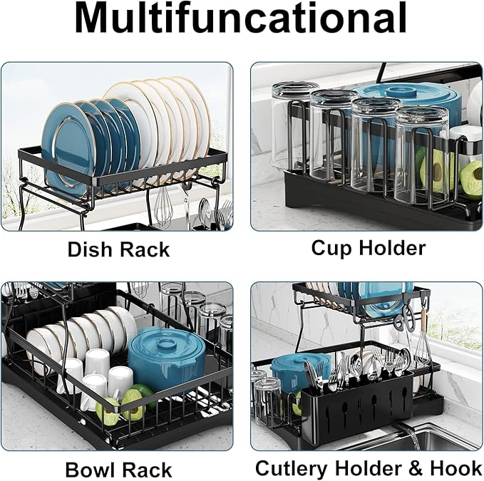 Dish Drying Rack, 2 Tier Dish Racks for Kitchen Counter, Large Stainless Steel Kitchen Dish Drying Rack with Drainboard, Detachable Dish Drainers with Utensil Holders